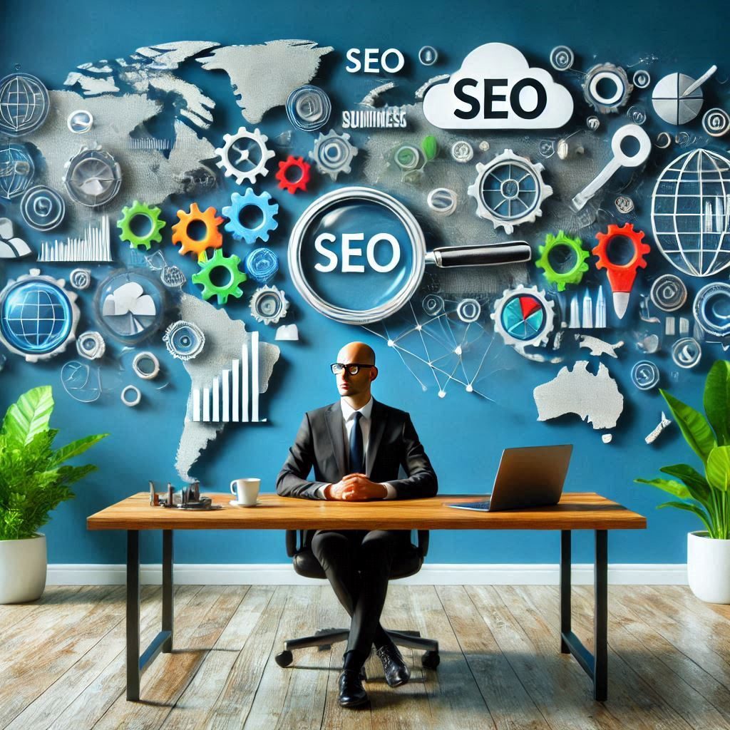 Ettevõtja istub laua taga, millel on tema arvuti ja vaadates akna poole mõtiskleb - Mis on seo?