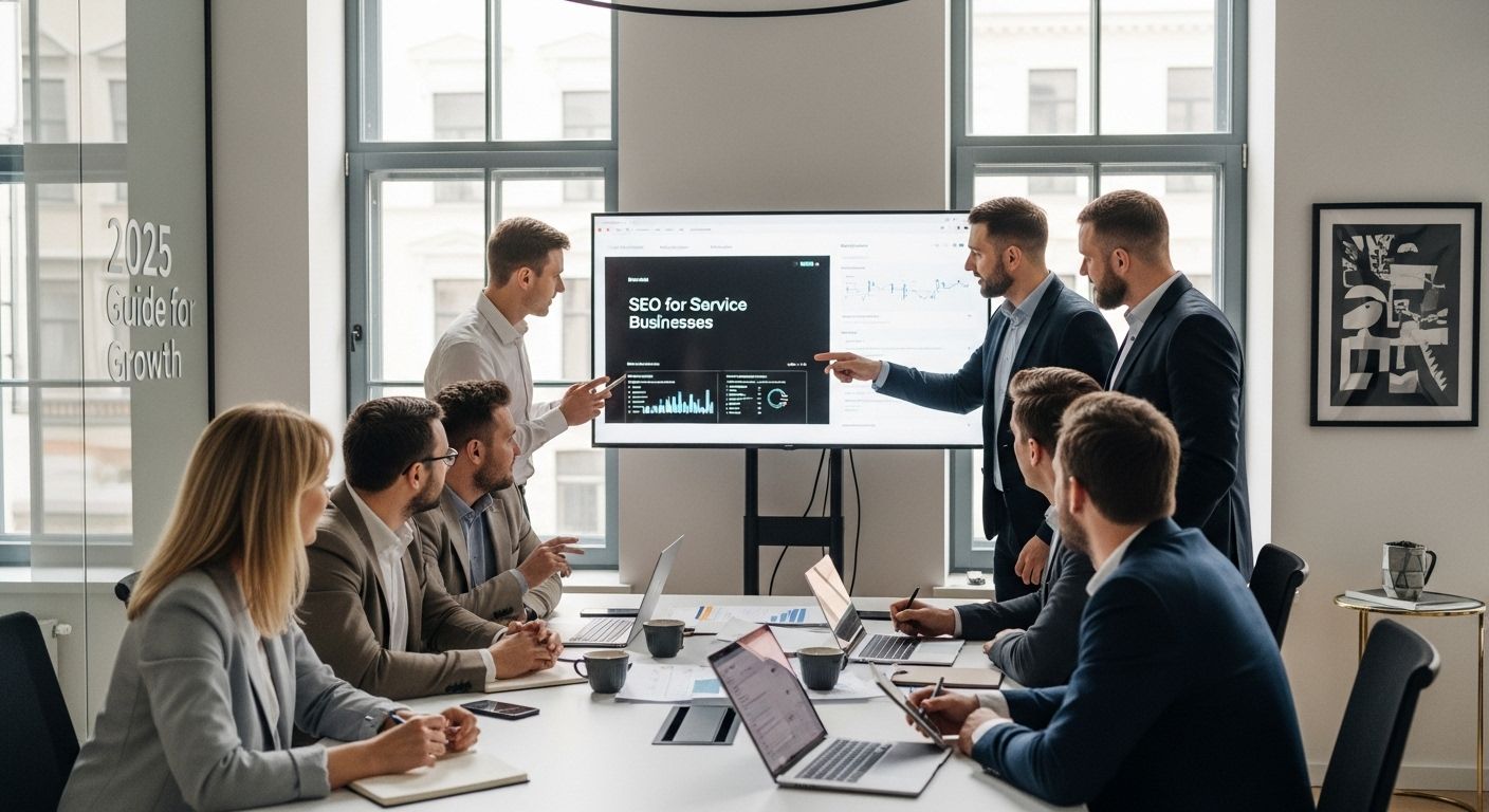 Seo teenust pakkuvatele ettevõtetele. Pildidl ettevõtjad arutavad SEO strateegiat.